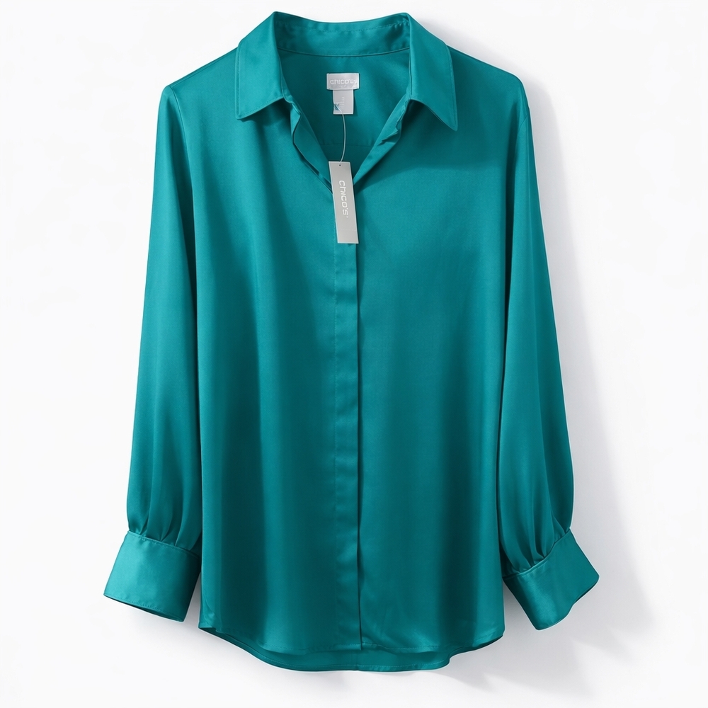 Chico’s Silky Pleated Sleeve Blouse NWT Size 2 (Women’s 10) Jewel Green